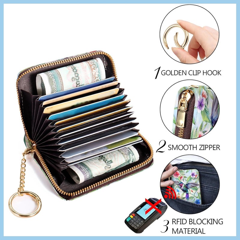 Blusabaca Credit Card Holder for Women, Bird Small RFID Blocking Wallet with Wristlet Strap, Keychain Wristlet Zipper Women Wallet, Leather Card Case, Accordion Card Wallet Purse with Key Lanyard - Image 5